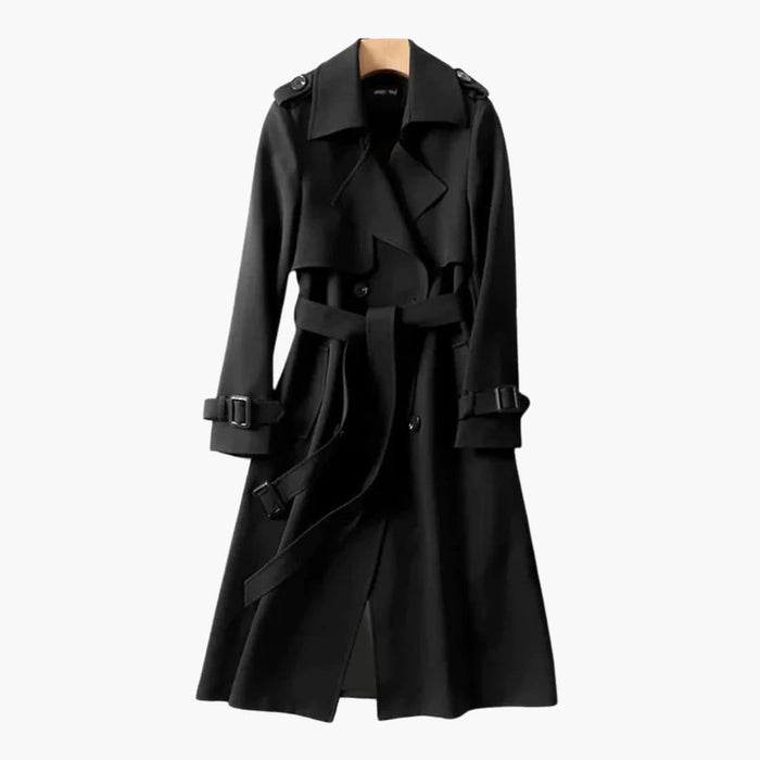Lang trenchcoat til kvinder med bælte i taljen og reverskrave