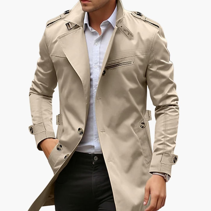 Lang trenchcoat for menn med reverskrage og knappelukking