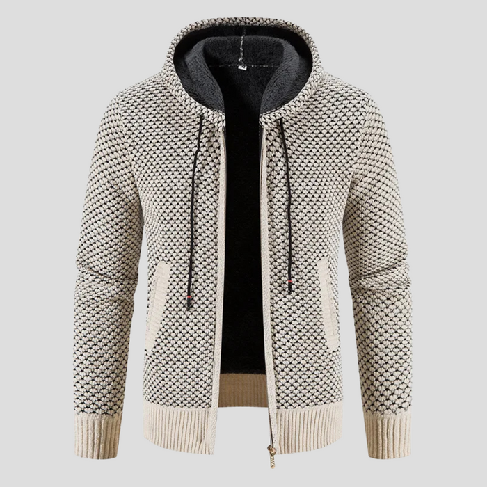 Cardigan da uomo con cappuccio, cerniera anteriore e fodera a contrasto