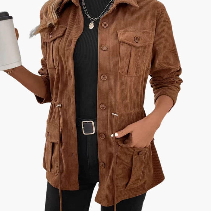 Chaqueta acanalada para mujer con cierre de botones y bolsillos utilitarios