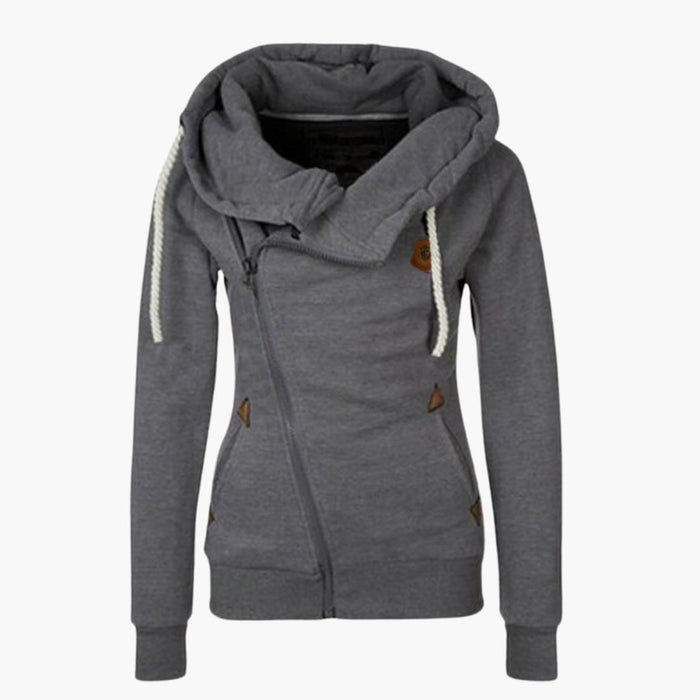 Giacca da donna con cappuccio, zip asimmetrica e bordo a coste