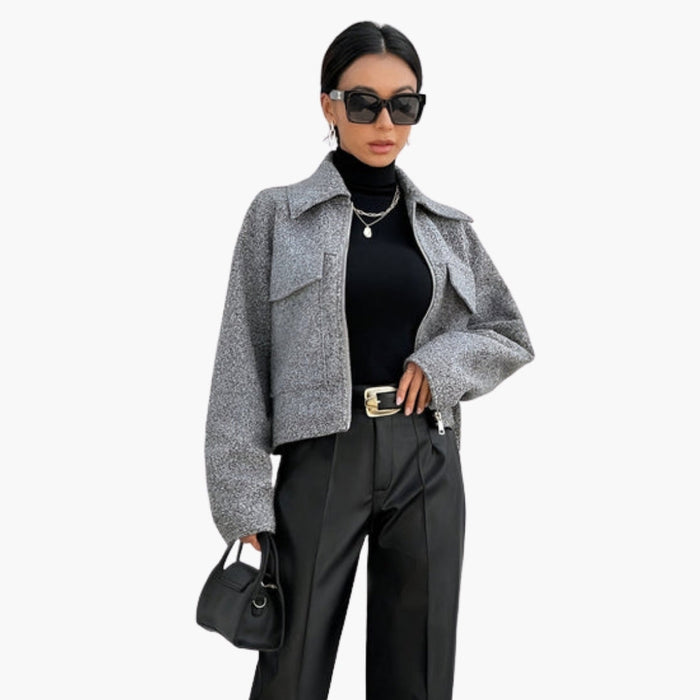 Blouson bomber court pour femme à col à revers