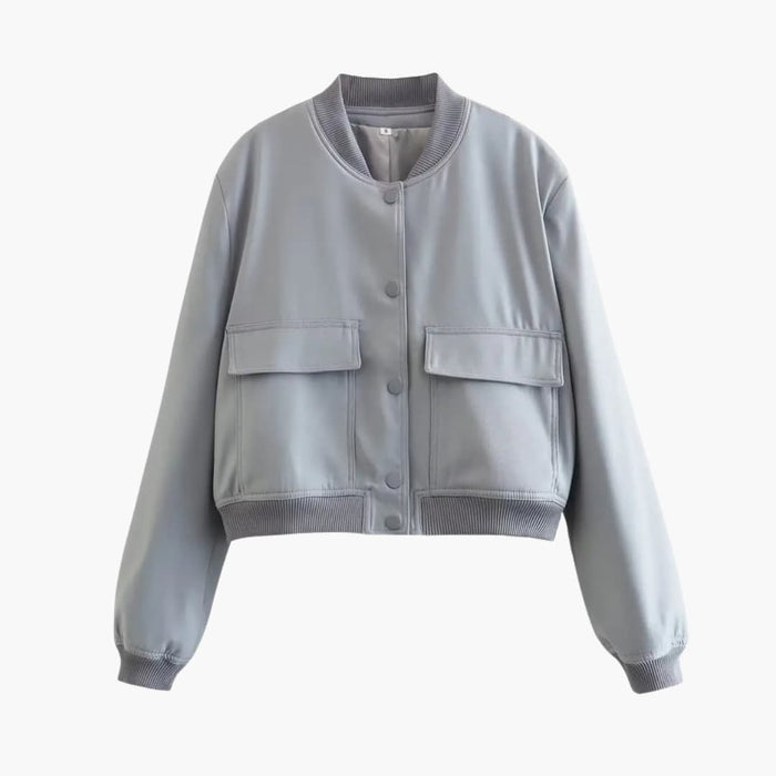 Chaqueta bomber para mujer con cremallera, cuello redondo y dobladillo recto