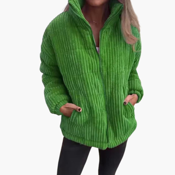 Veste d’hiver côtelée verte pour femme avec fermeture éclair