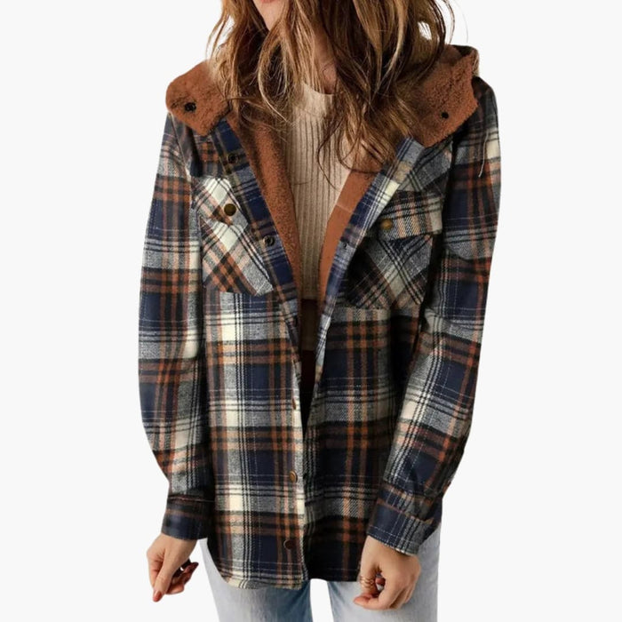 Damen-Winterjacke mit Kapuze, Karomuster und Knopfverschluss