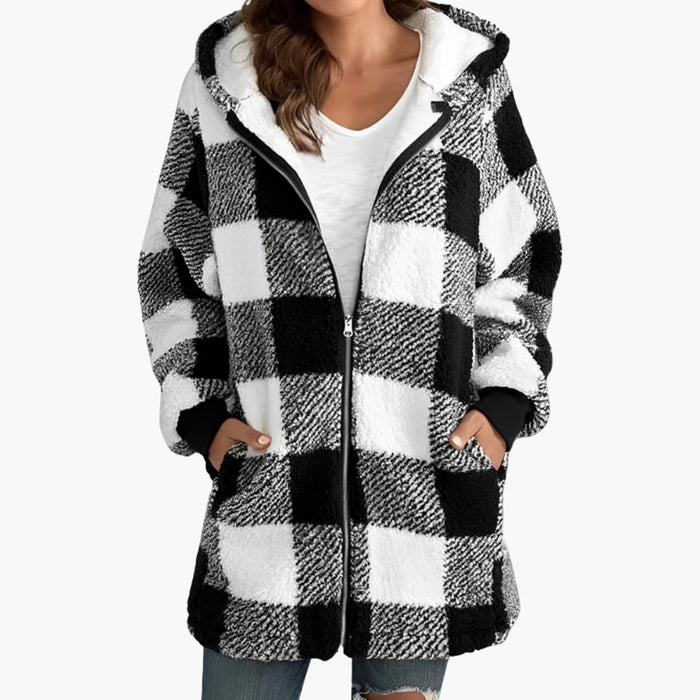 Chaqueta de mujer con capucha, estampado de cuadros y forro de sherpa