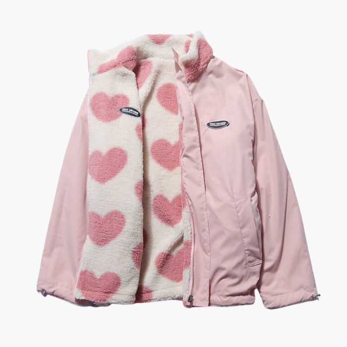 Veste pour femme zippée avec doublure en fourrure et imprimé cœur