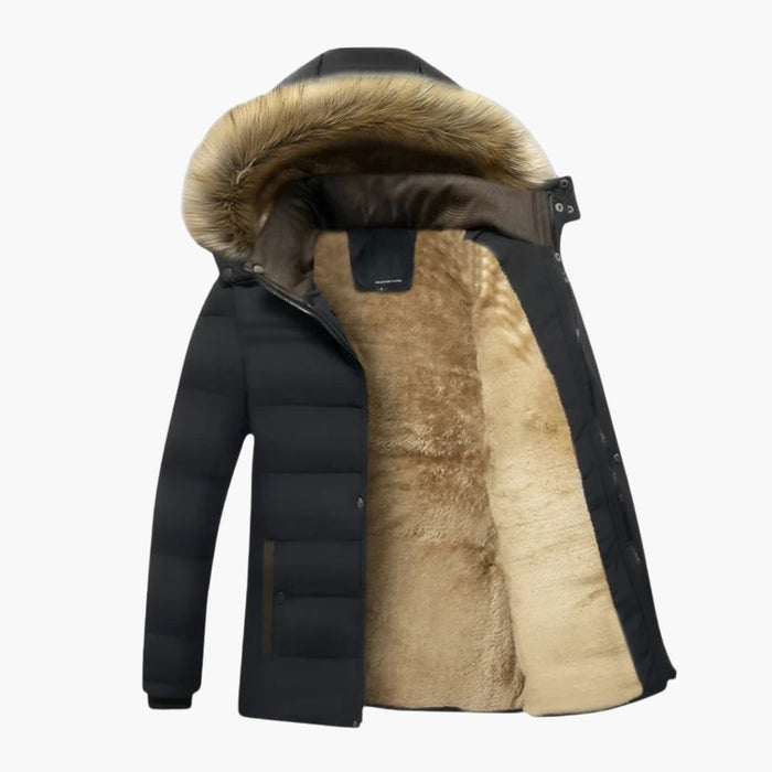 Parka for menn med hette og kant i fuskepels