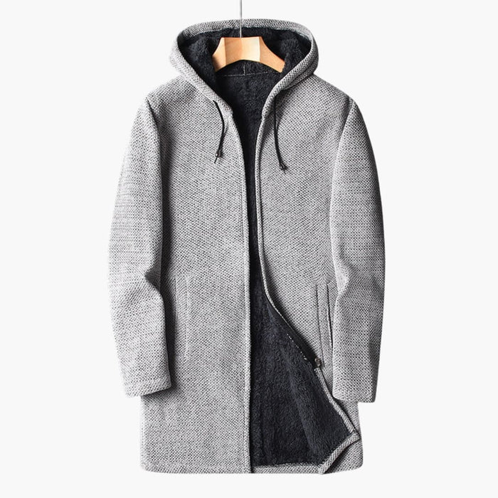 Pitkä hupullinen fleece-takki miehille, täyspitkä vetoketju