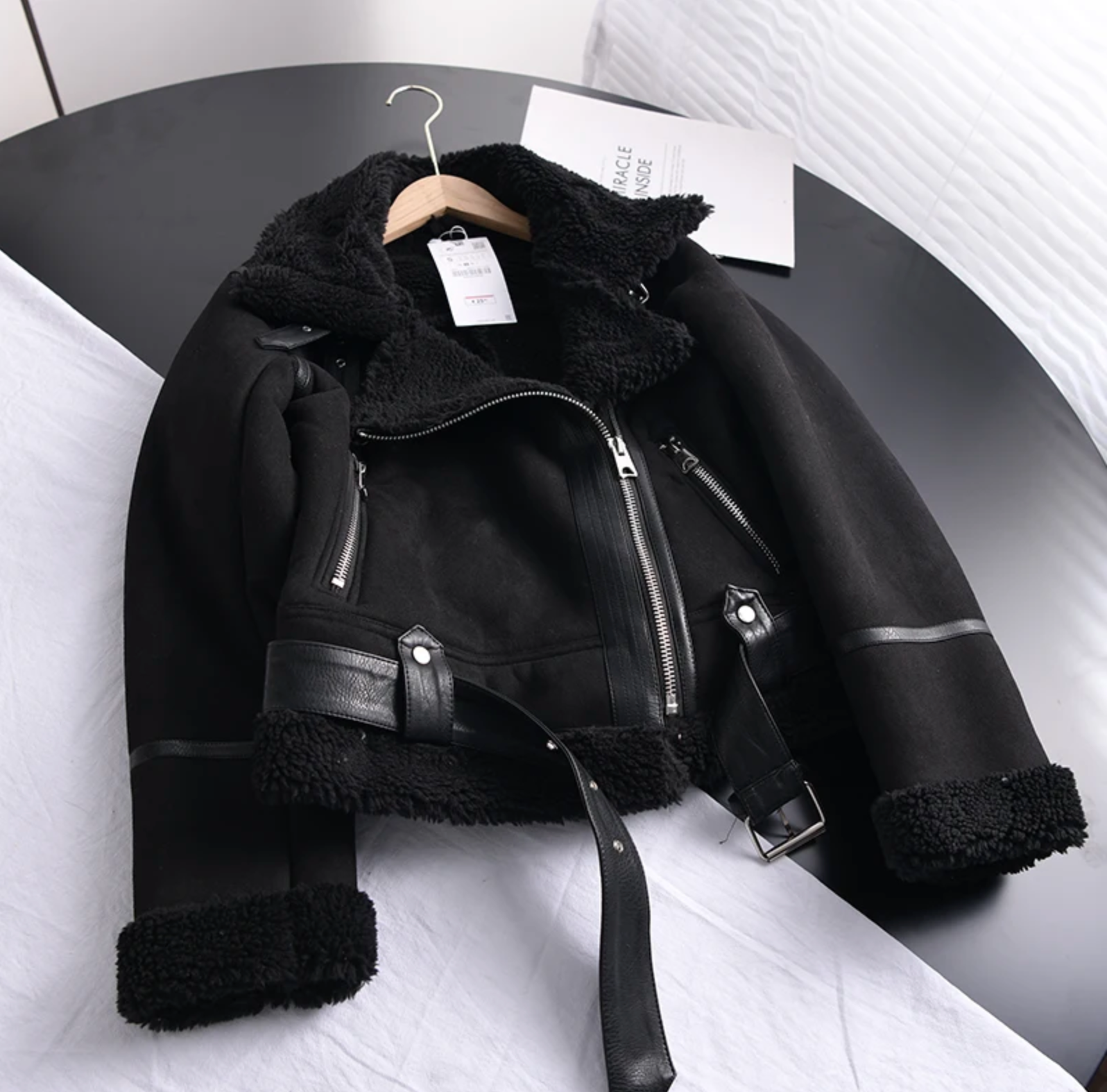 Dame Bikerjakke i Ruskindslook med Sherpa Fleecefor