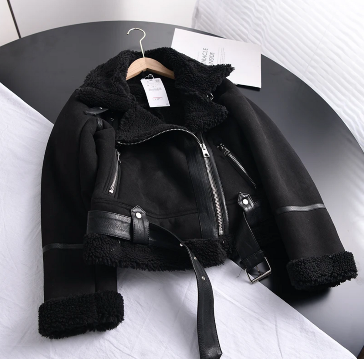 Dame Bikerjakke i Ruskindslook med Sherpa Fleecefor