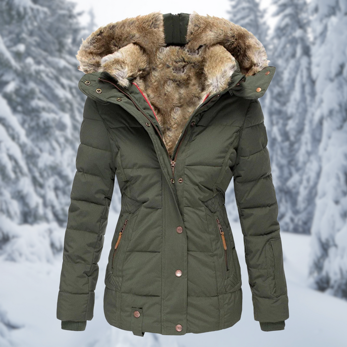 Abrigo de invierno elegante para mujer con capucha suave y forro cálido