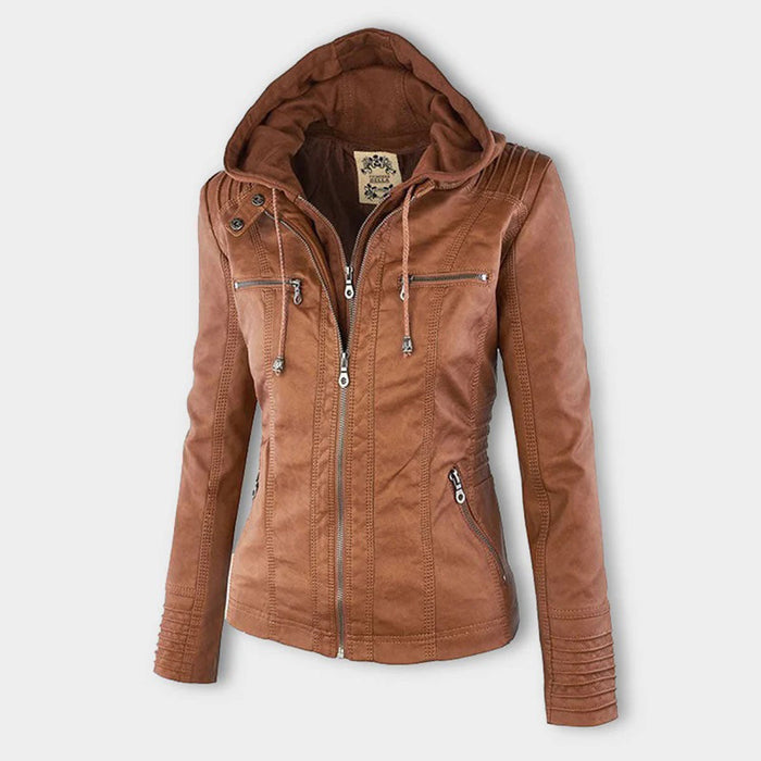 Veste en similicuir pour femme, avec capuche à lacets et fermeture éclair