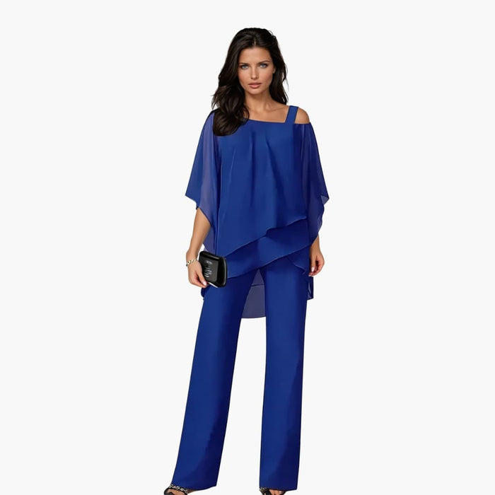 Ensemble deux pièces pour femme avec haut asymétrique et pantalon à jambes larges