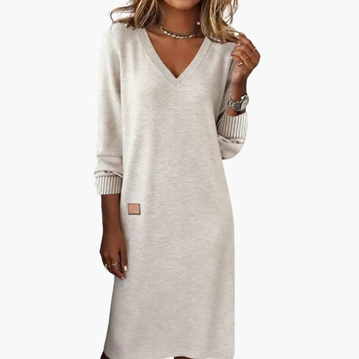 Robe midi pour femme à col en V, manches longues et poches latérales