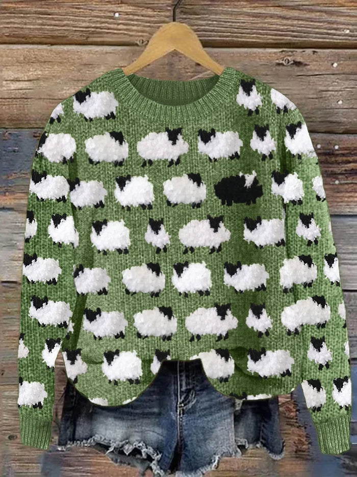 Damen-Strickpullover mit Schafmuster und Rundhalsausschnitt