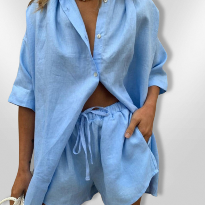Dame Matchende Sett: Oversized Skjorte &amp; Justerbare Shorts for Komfort