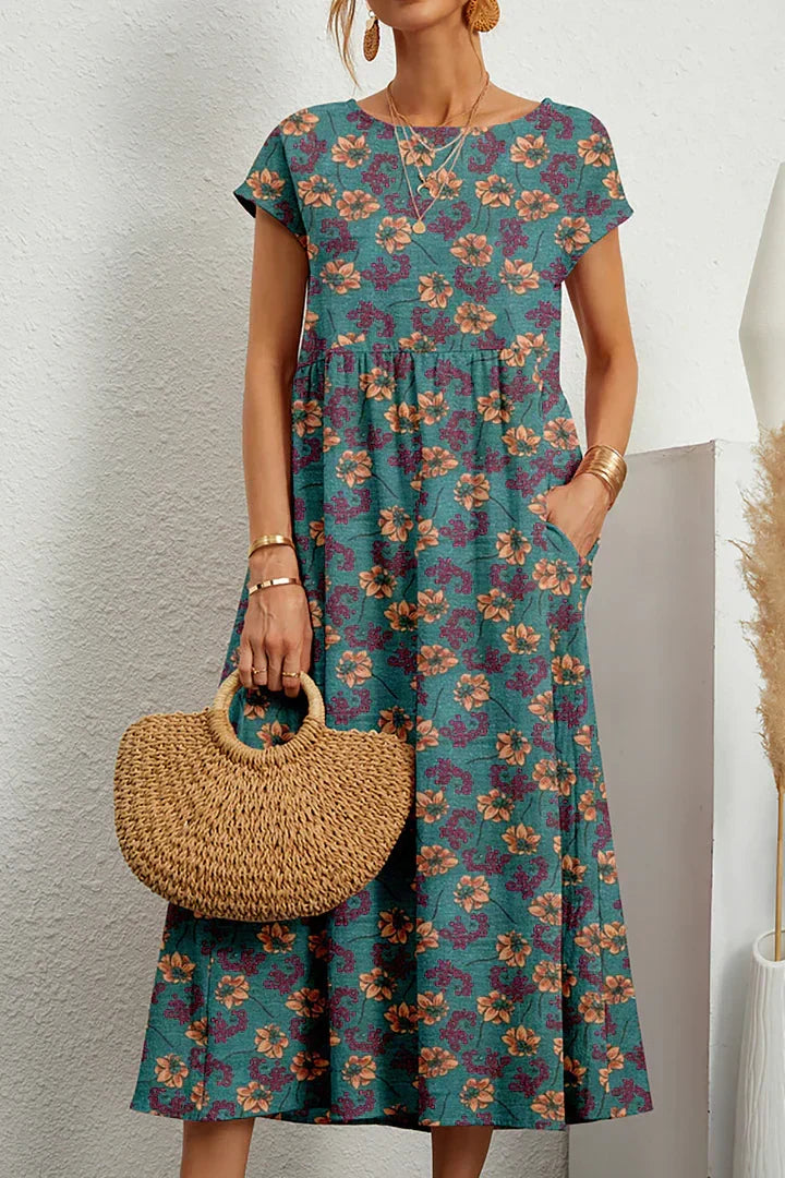 Dame Sommerkjole - Blomsterprint Midi - Løs Passform