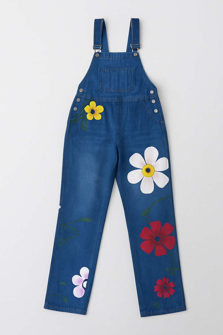 Blomsterprintet Denimjumpsuit - Ermeløs, Høy Midje