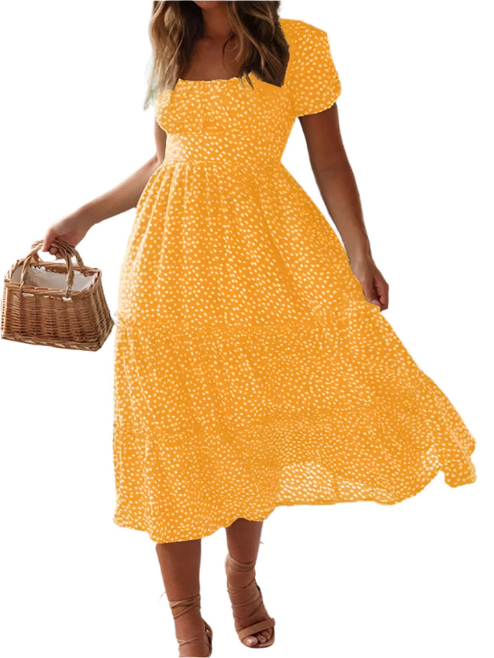 Kvinner Blomstret Maxikjole med Puffermer &amp; Firkantet Hals - Sommerlig Komfort