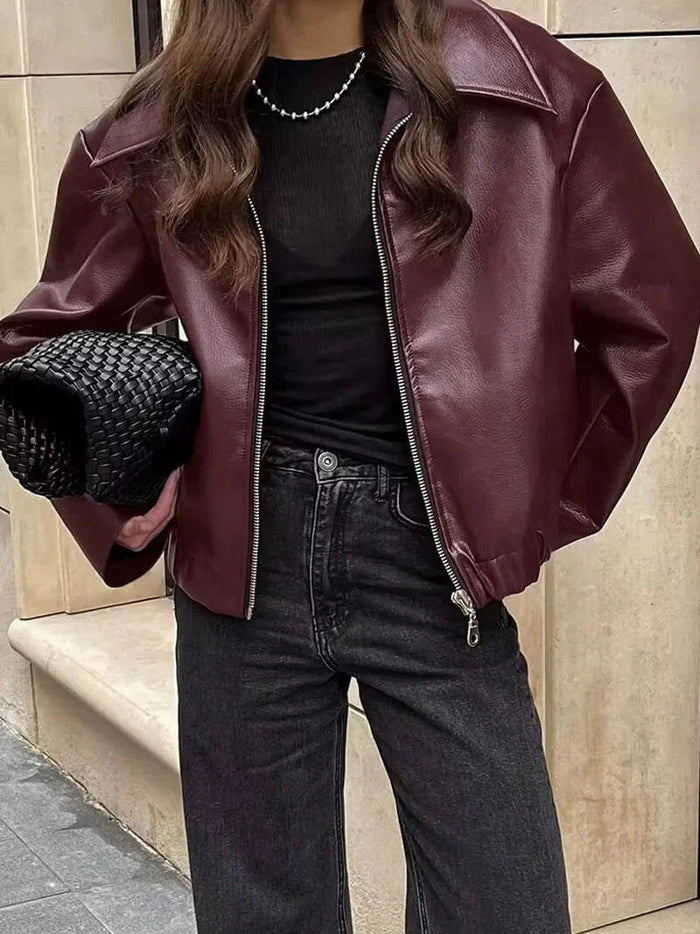Veste courte pour femme en similicuir bordeaux avec fermeture éclair