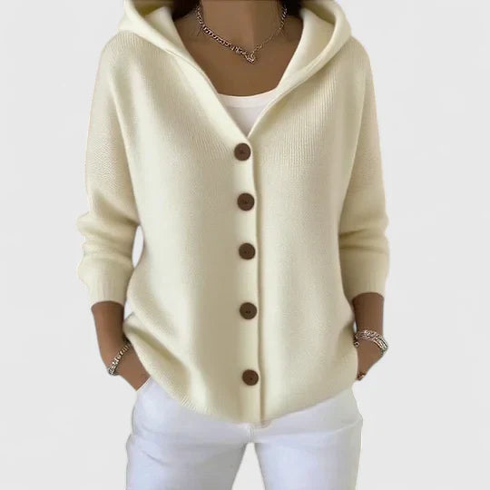 Elegant cardigan for kvinner med hette og knappelukking