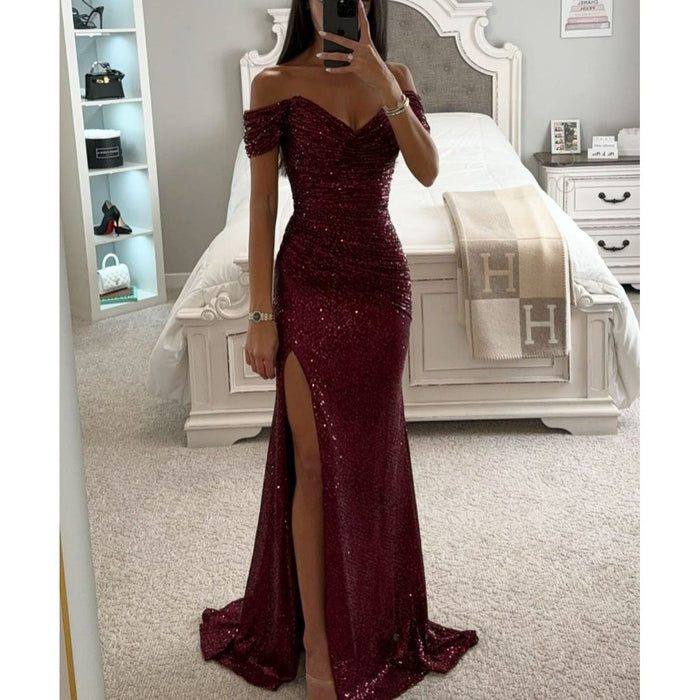 Naisten paljetoitu off shoulder -gaalamekko halkiolla