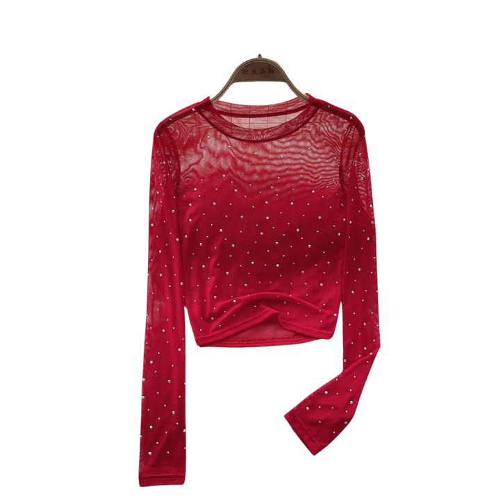 Dame Glitrende Langermet Crop Topp med Rhinestones