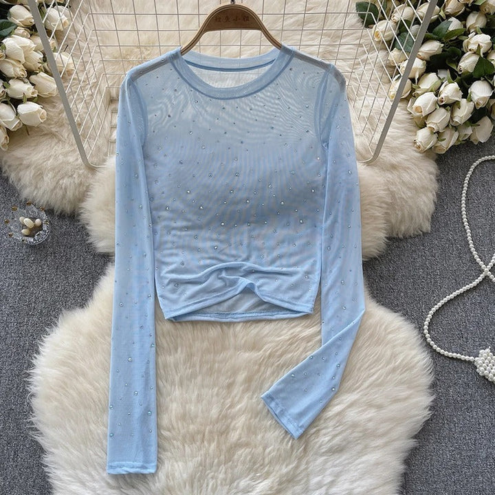 Dame Glitrende Langermet Crop Topp med Rhinestones