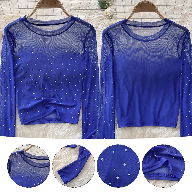 Dame Glitrende Langermet Crop Topp med Rhinestones