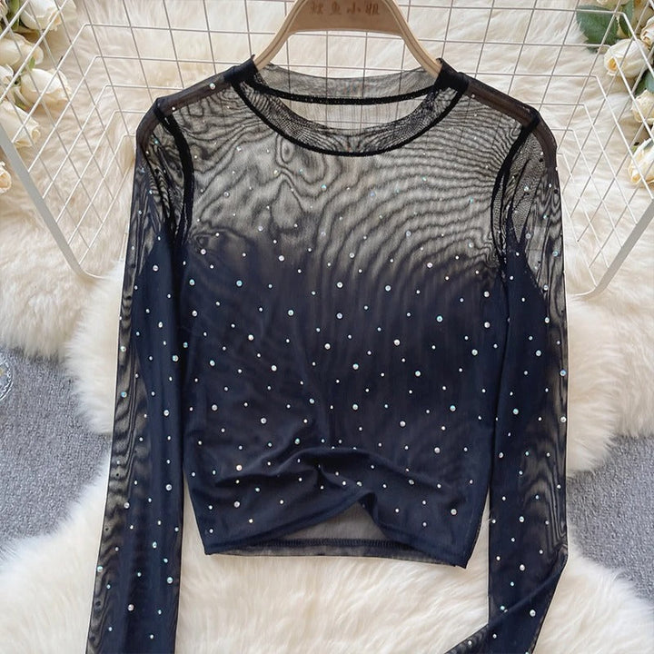 Dame Glitrende Langermet Crop Topp med Rhinestones