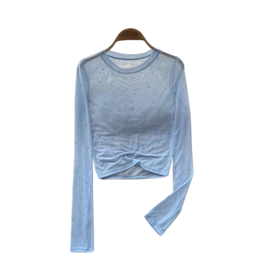 Dame Glitrende Langermet Crop Topp med Rhinestones