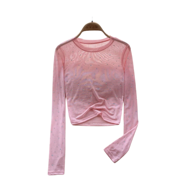 Dame Glitrende Langermet Crop Topp med Rhinestones