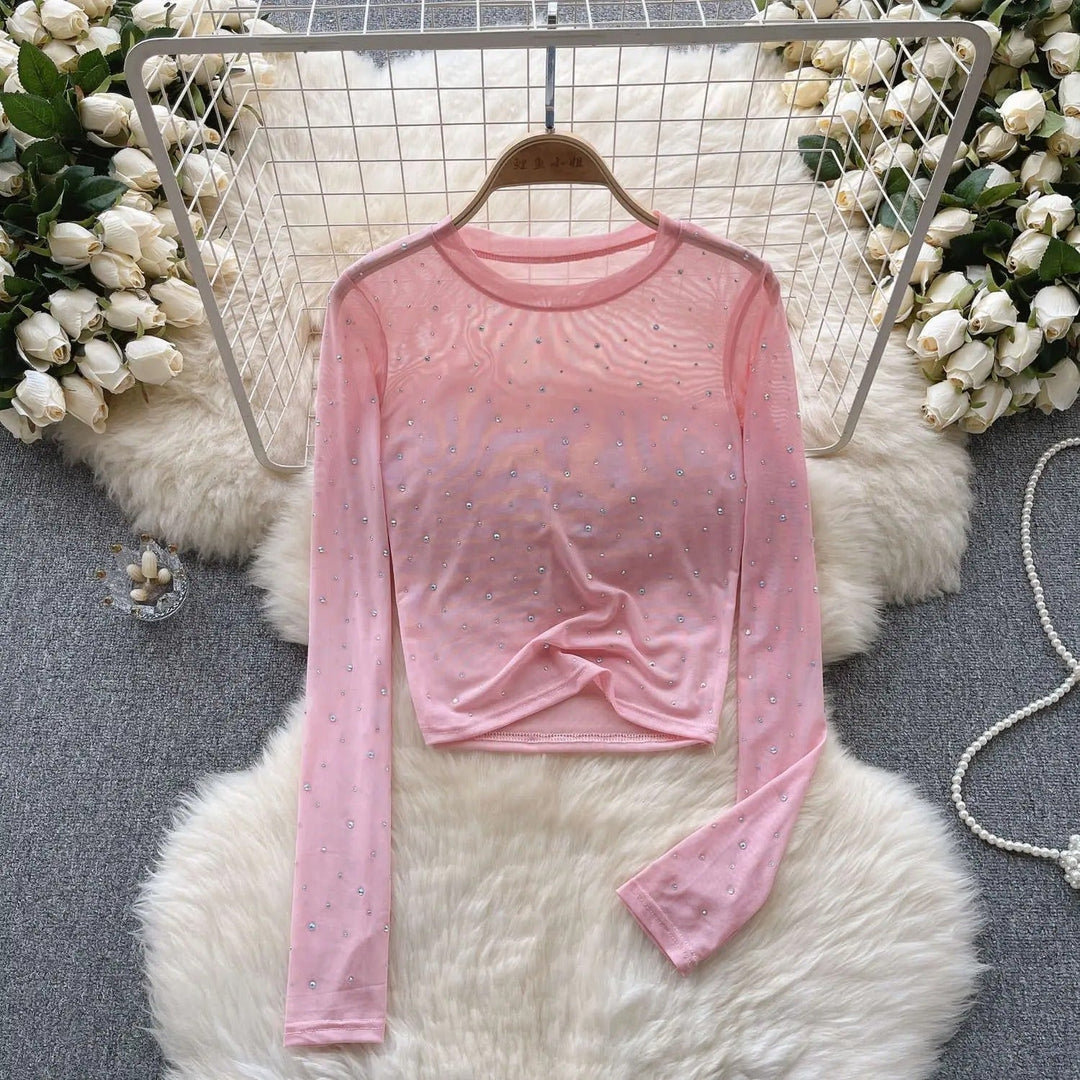 Dame Glitrende Langermet Crop Topp med Rhinestones