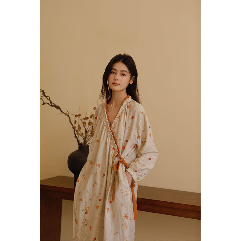 Dame Kimono Nattkjole Blomstermønster med Volanger
