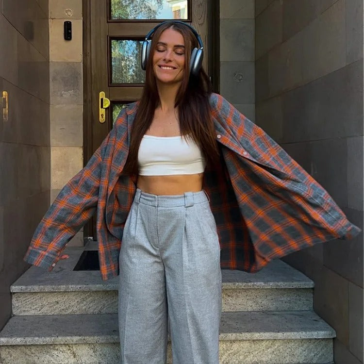 Dame Oversized Rutete Skjorte – Langermet for Komfort