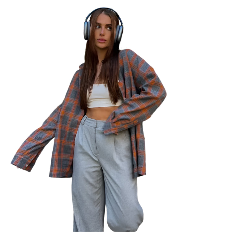 Dame Oversized Rutete Skjorte – Langermet for Komfort