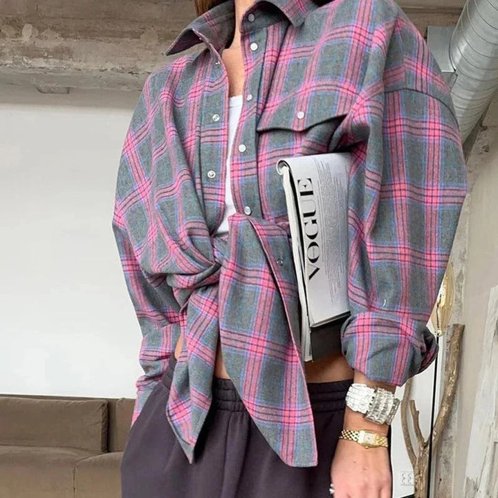 Dame Oversized Rutete Skjorte – Langermet for Komfort