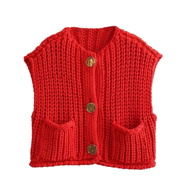 Dame Strikkevest med Metallknapper – Elegant Komfort &amp; Stil