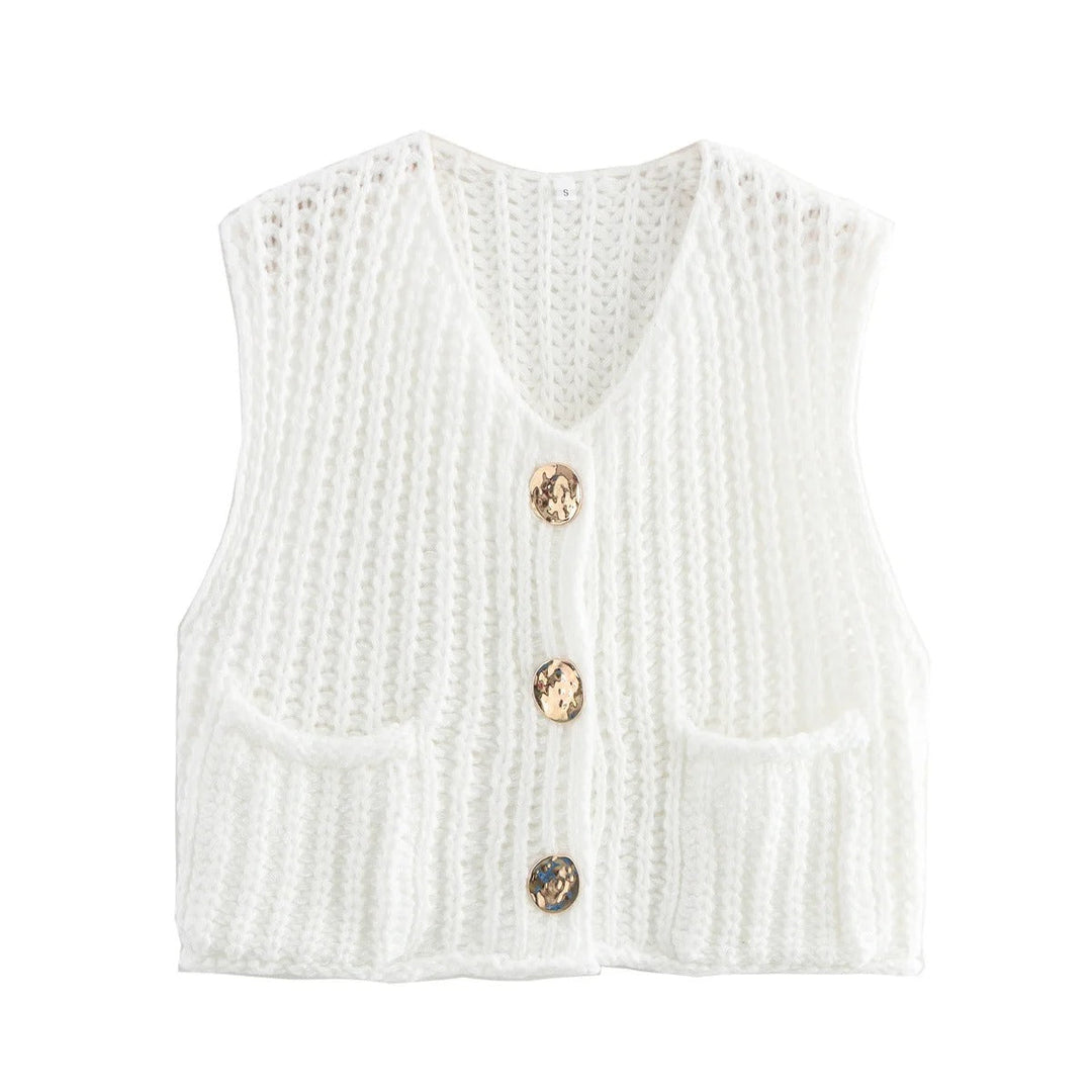 Dame Strikkevest med Metallknapper – Elegant Komfort &amp; Stil