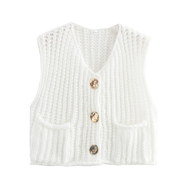 Dame Strikkevest med Metallknapper – Elegant Komfort &amp; Stil