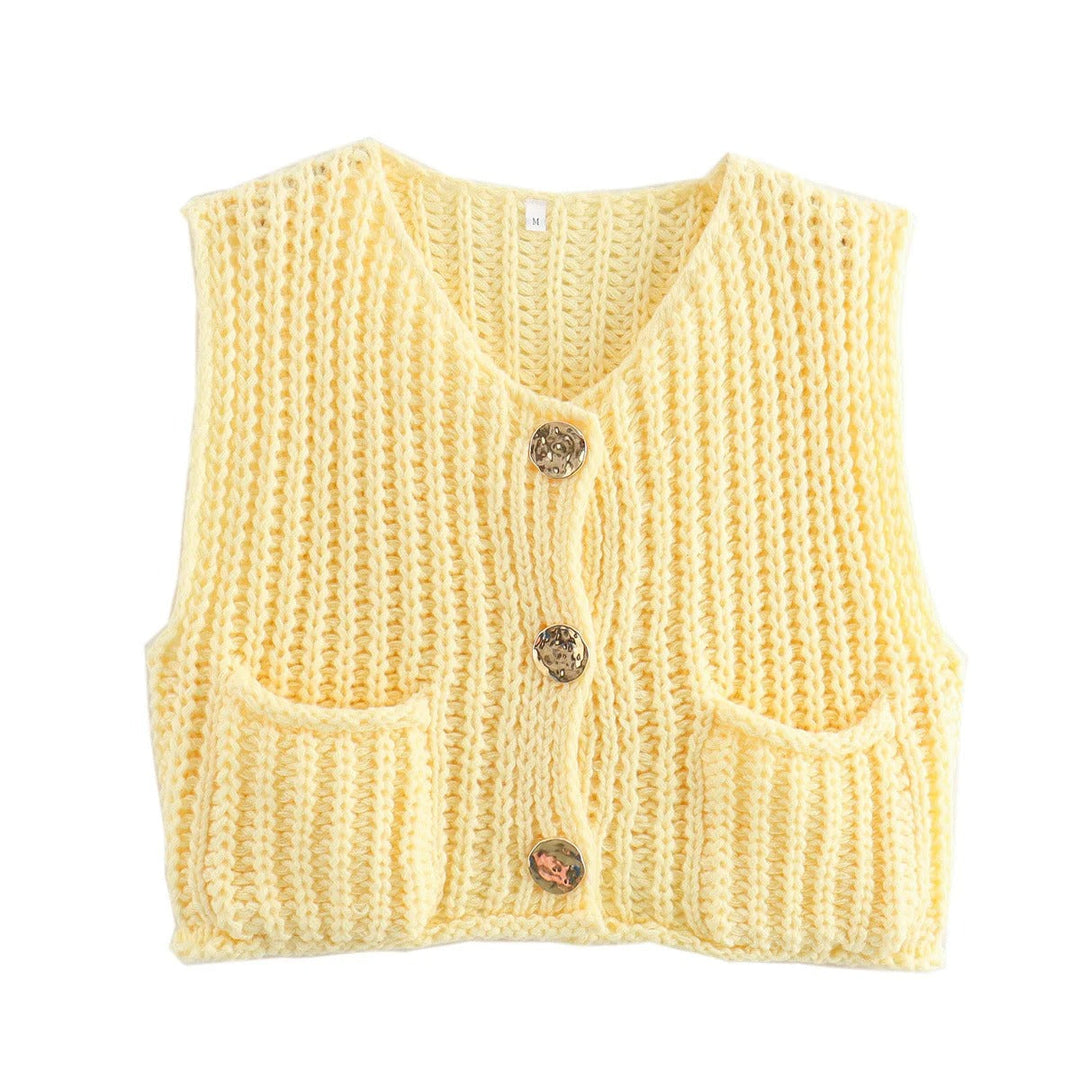 Dame Strikkevest med Metallknapper – Elegant Komfort &amp; Stil