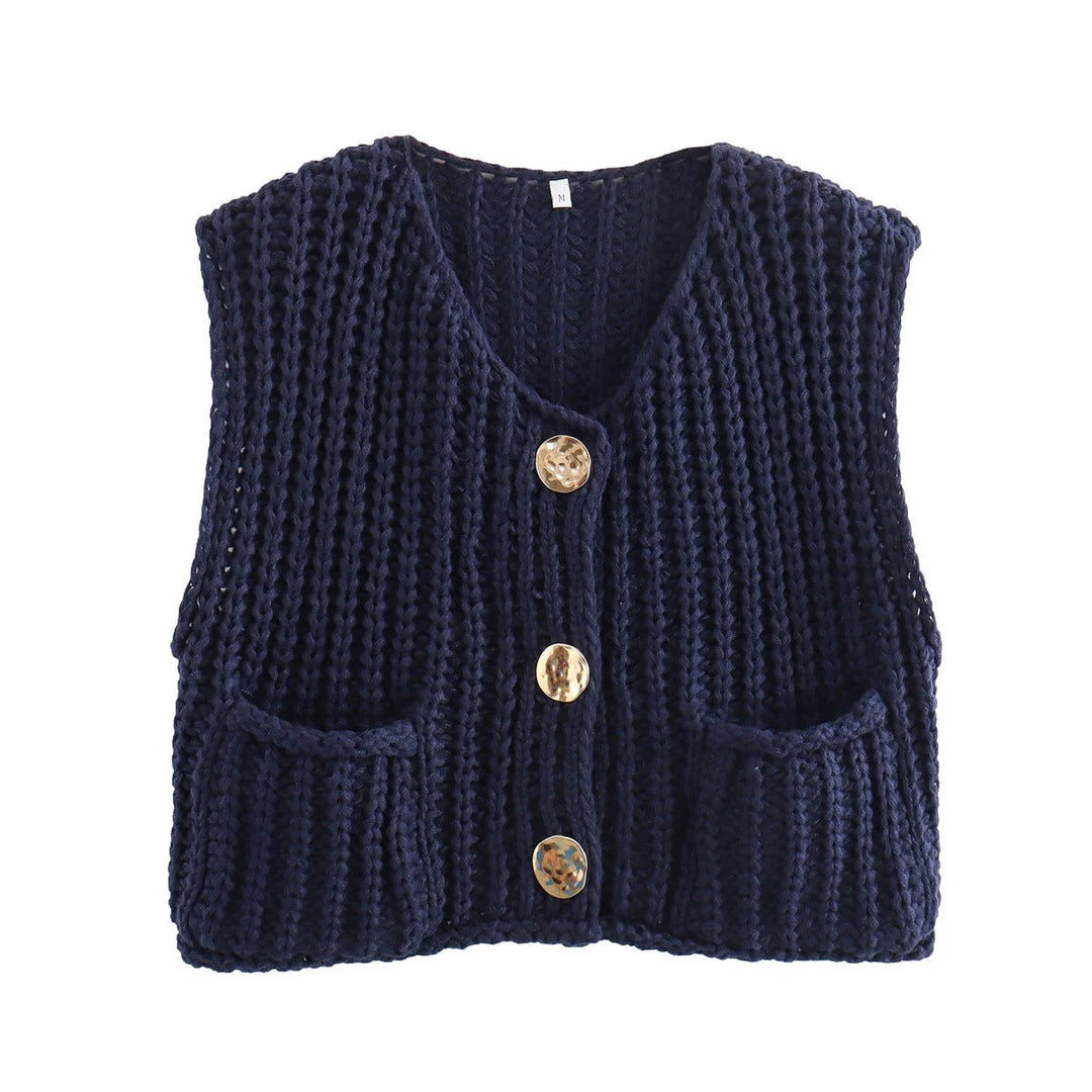 Dame Strikkevest med Metallknapper – Elegant Komfort &amp; Stil