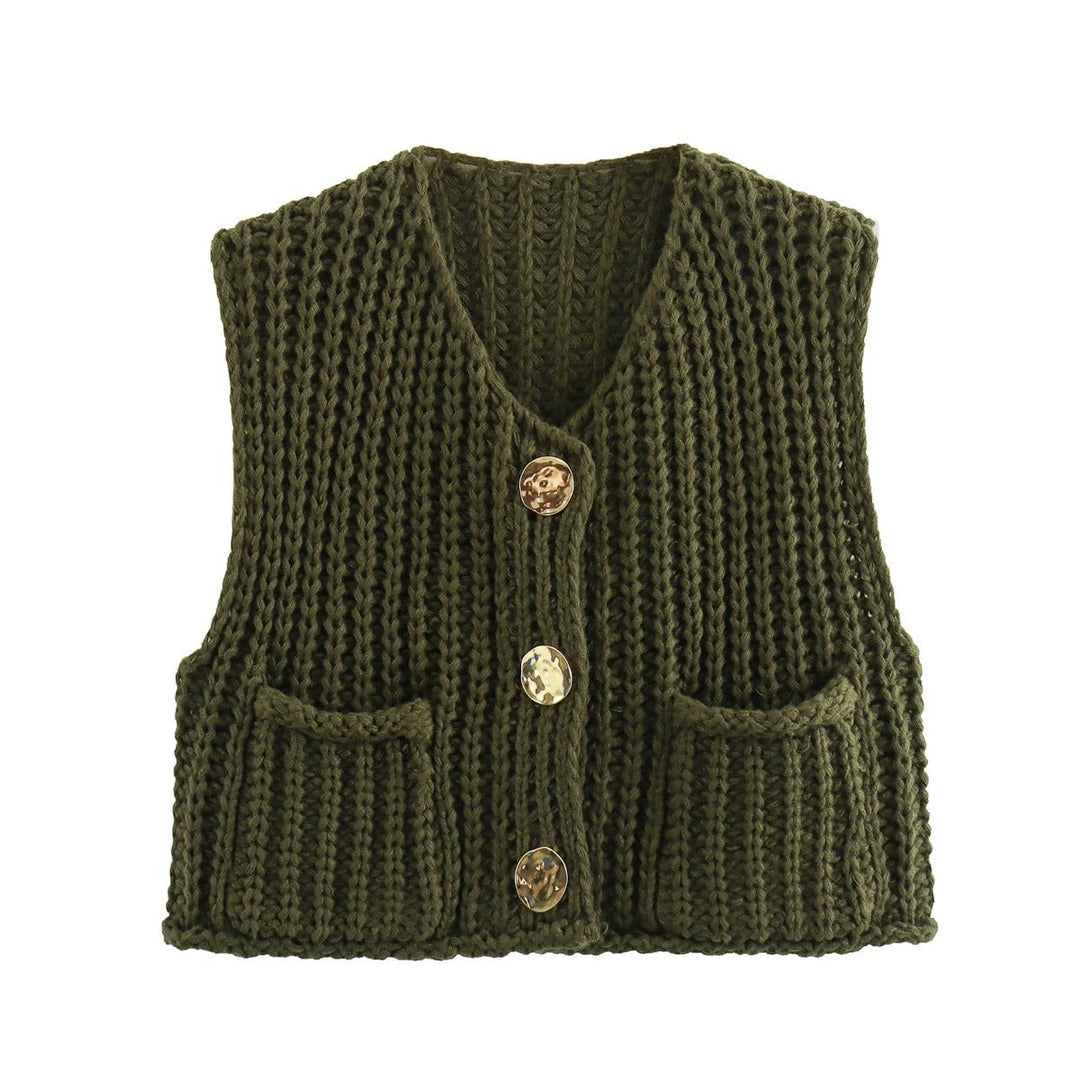 Dame Strikkevest med Metallknapper – Elegant Komfort &amp; Stil