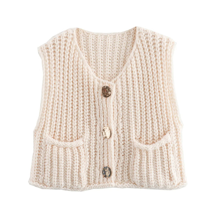 Dame Strikkevest med Metallknapper – Elegant Komfort &amp; Stil