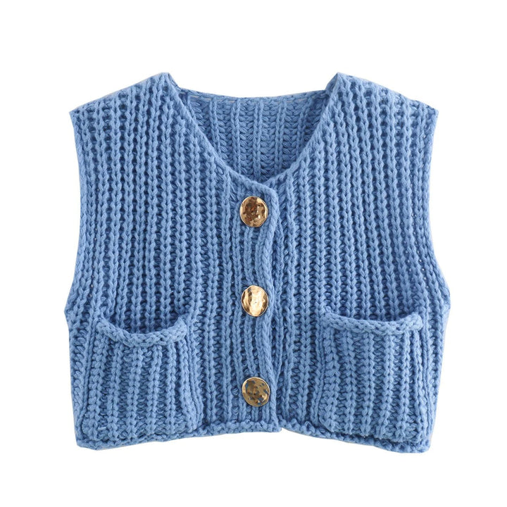 Dame Strikkevest med Metallknapper – Elegant Komfort &amp; Stil