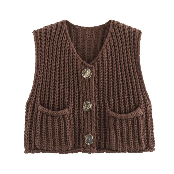 Dame Strikkevest med Metallknapper – Elegant Komfort &amp; Stil