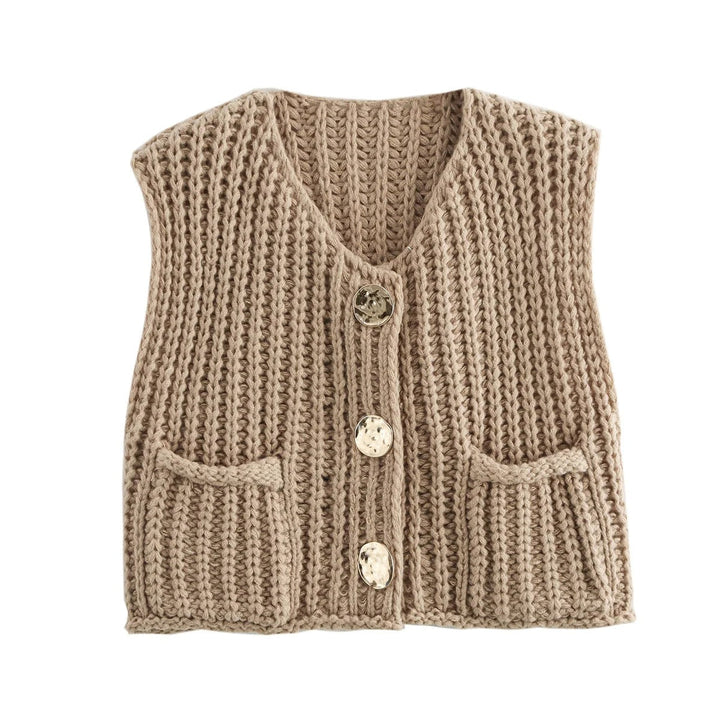Dame Strikkevest med Metallknapper – Elegant Komfort &amp; Stil