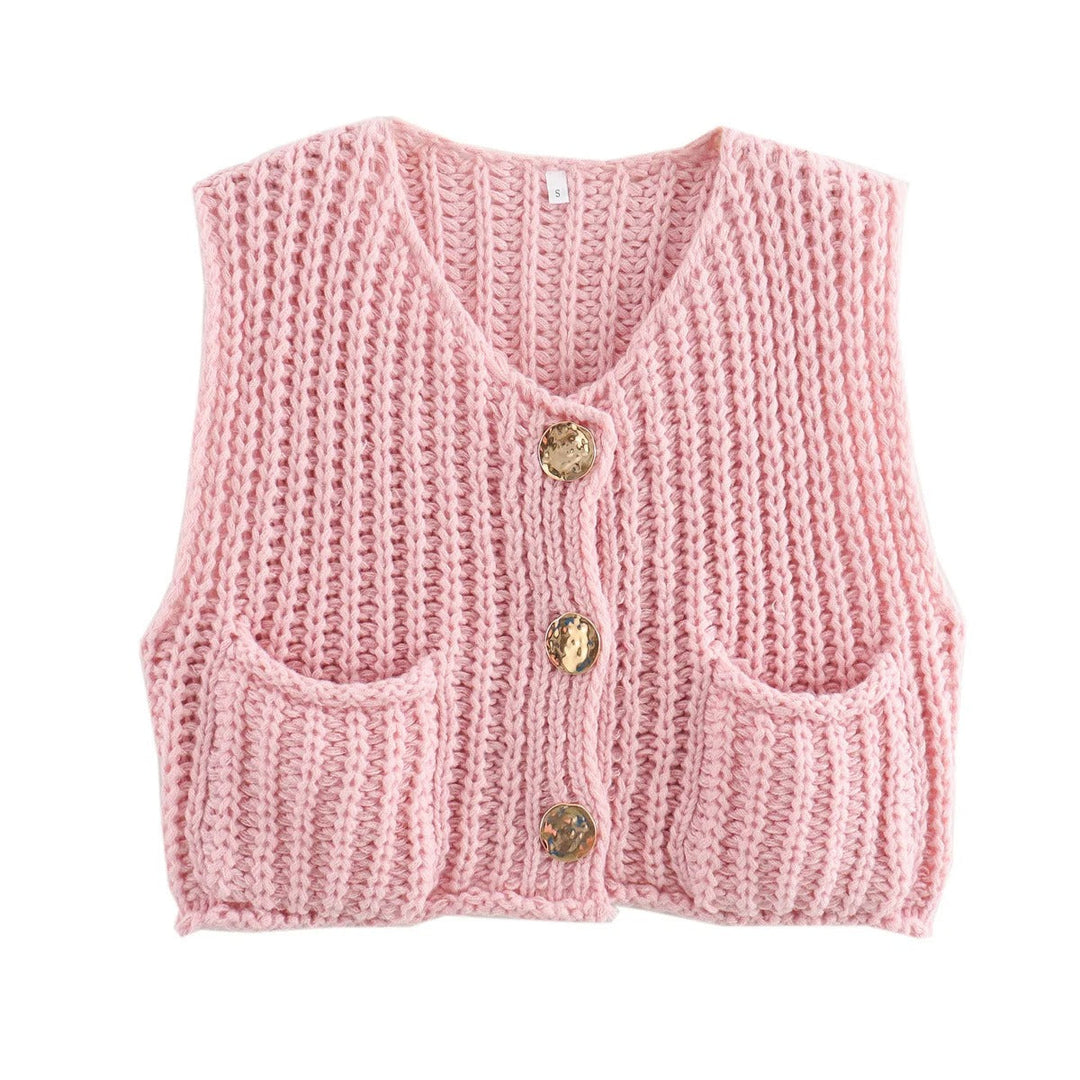 Dame Strikkevest med Metallknapper – Elegant Komfort &amp; Stil