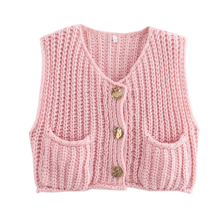 Dame Strikkevest med Metallknapper – Elegant Komfort &amp; Stil